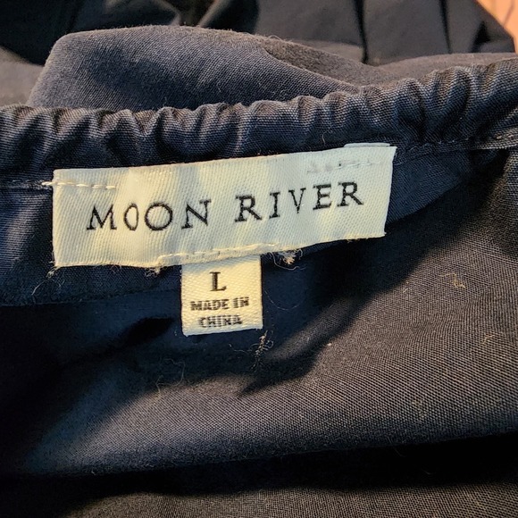 MOON RIVER Size Large Anthropologie Boho Chic Cottagecore Navy Tiered Maxi Dress - Picture 12 of 14